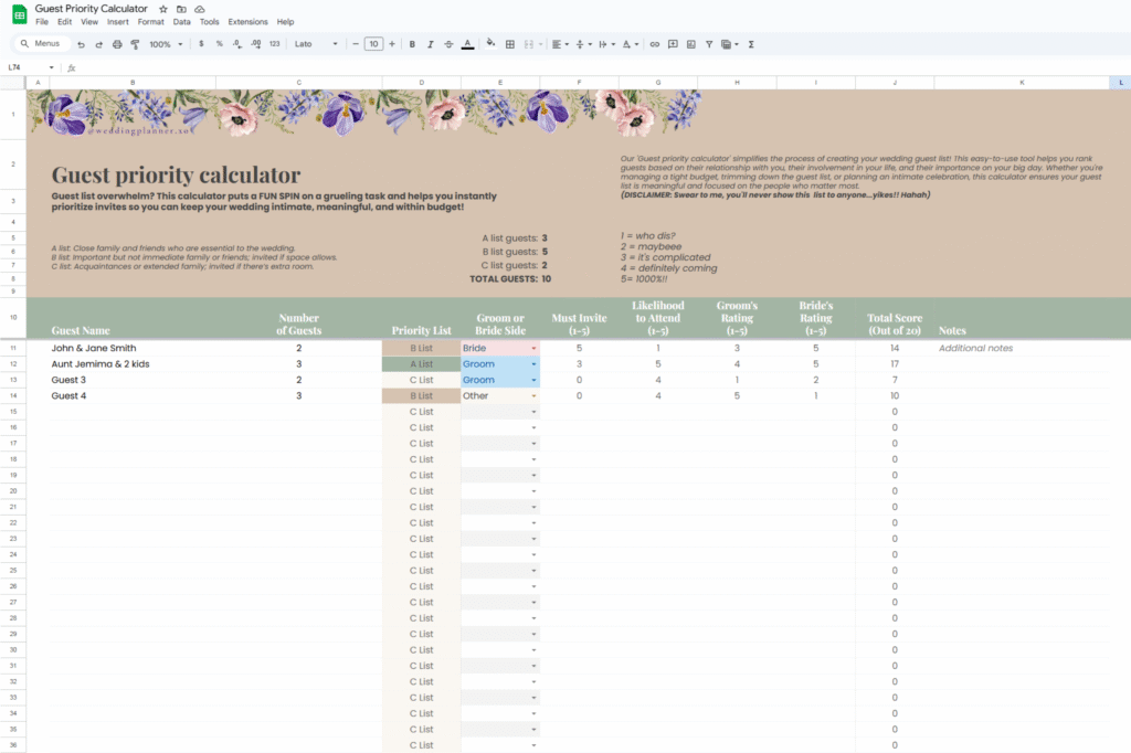 wedding guest list spreadsheet